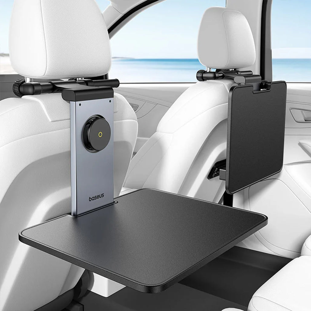 A Photo Of Baseus MagPro II Versatile Car Mount - Foldable Laptop Desk with 360° Rotatable Phone Holder, Adjustable Height, Easy Installation for Backseat Headrest, Black