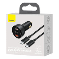 Baseus Superme PPS Dual Quick Car Charger with 1m USB-C to USB-C Cable – 100W Fast Charging with Digital Display