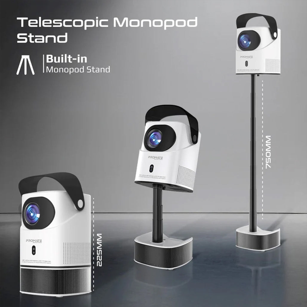 A Photo Of Promate Beamer-A250 4K Ultra HD Wireless LCD Projector with Built-In Speaker & Adjustable Monopod Stand