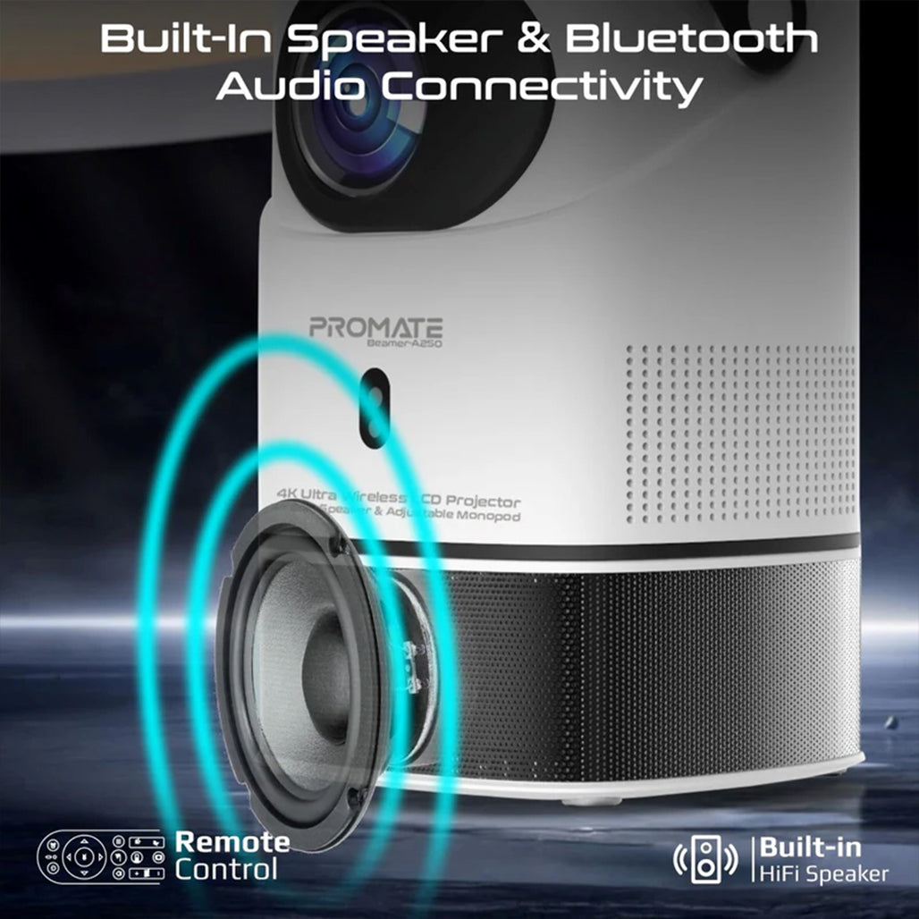 A Photo Of Promate Beamer-A250 4K Ultra HD Wireless LCD Projector with Built-In Speaker & Adjustable Monopod Stand