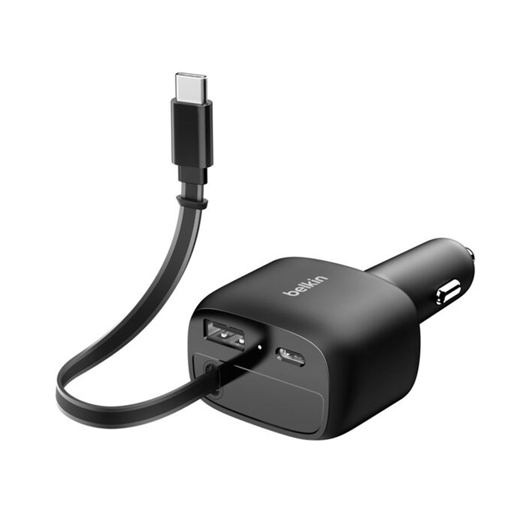 A Photo Of Belkin BoostCharge 75W Retractable Car Charger with USB-C Cable & Dual Ports