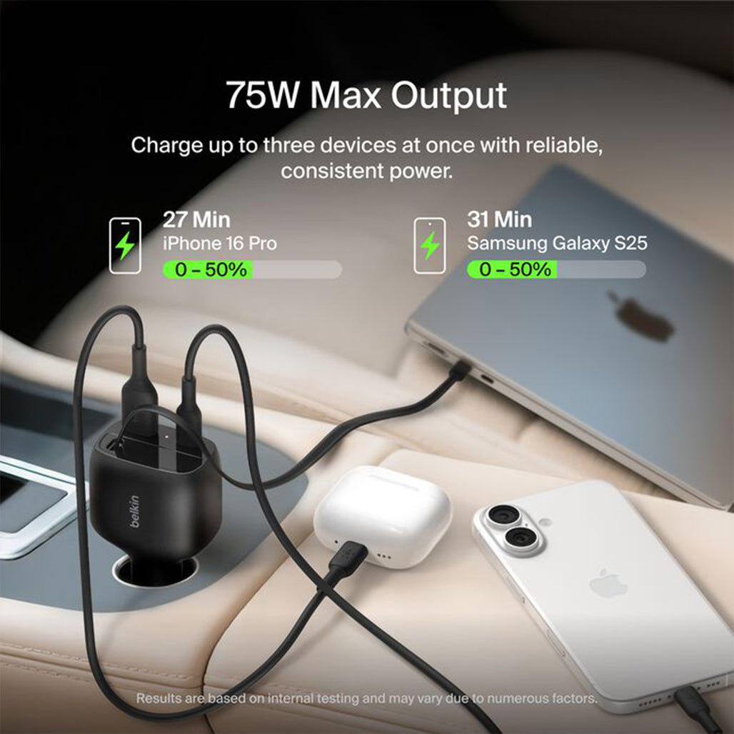 A Photo Of Belkin BoostCharge 75W Retractable Car Charger with USB-C Cable & Dual Ports