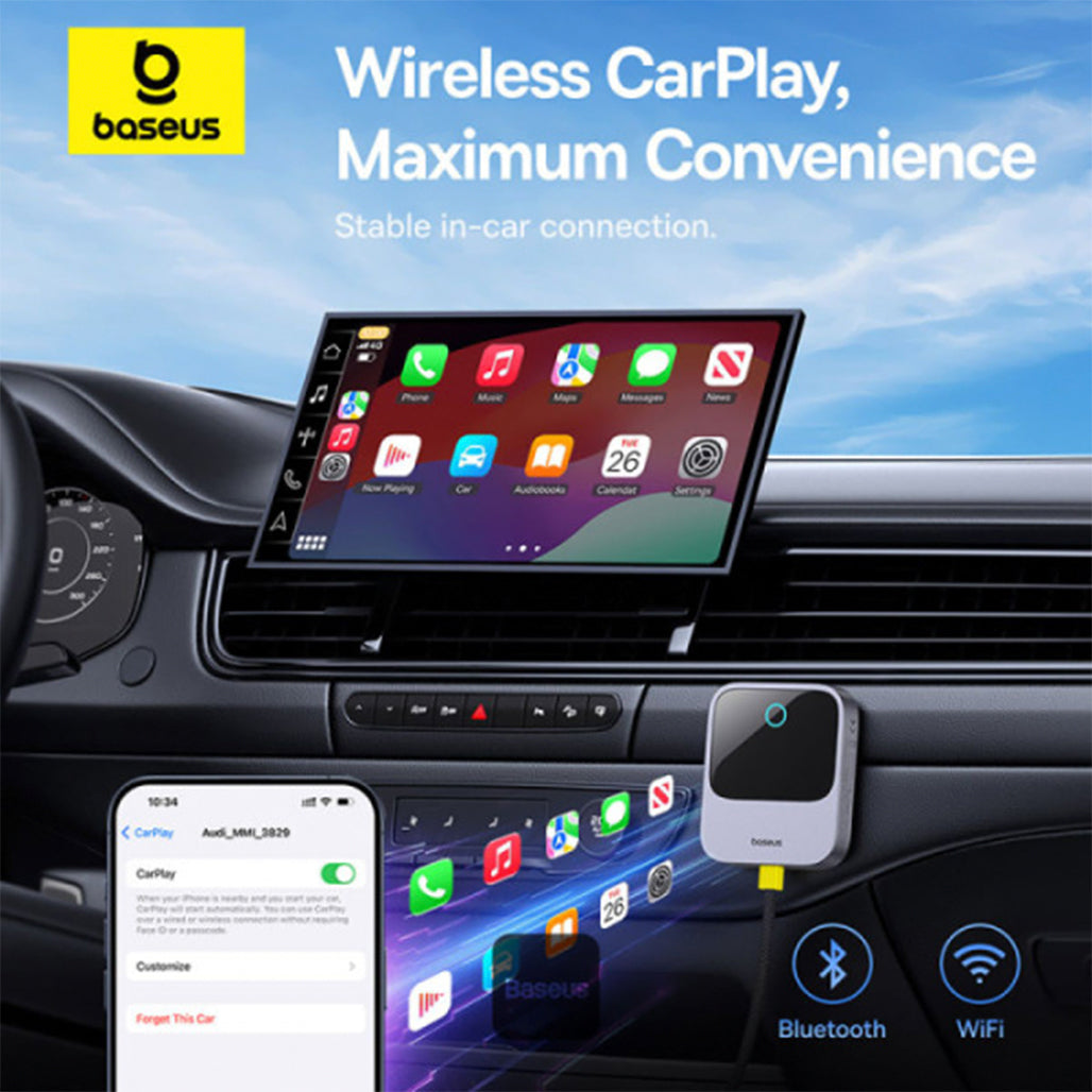 A Photo Of Baseus Prime Trip Safe Journey Wireless CarPlay Adapter for iPhone - Converts Wired CarPlay to Wireless, Dual-Screen