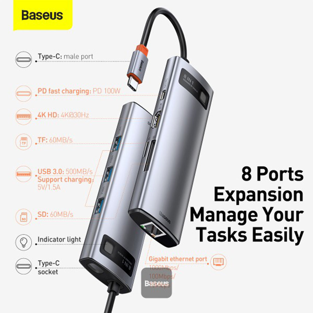 A Photo Of Baseus Metal Gleam Series - 8in1 Multifunctional Type-C HUB Docking Station