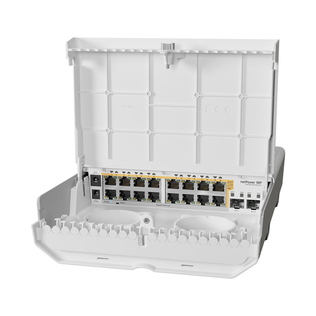 A Photo Of MikroTik NetPower 16P Outdoor 18-Port Gigabit PoE Switch with 2 SFP+ 10G Uplinks | CRS318-16P-2S+OUT