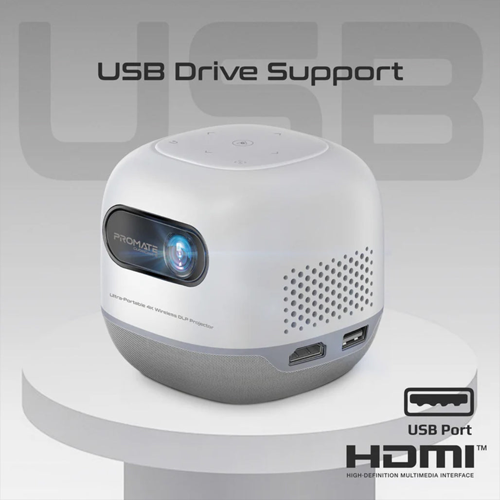 A Photo Of Promate Ultra-Portable 4K Wireless DLP Projector with touch controls