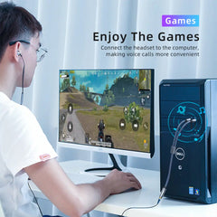 A Photo Of ESSAGER Splitter Audio Jack 3.5mm Female to Dual Male Headphone & Microphone Adapter – EYPS35-TLB0G