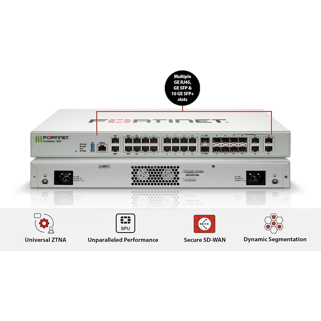 A Photo Of Fortinet FortiGate 100F Firewall Appliance | 22 GE RJ45 Ports, 4 SFP, 2 10G SFP+ Ports