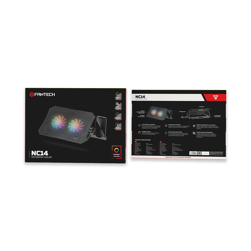 A Photo Of Fantech NC14 Notebook Cooler with RGB Rainbow Lighting and Adjustable Phone Holder