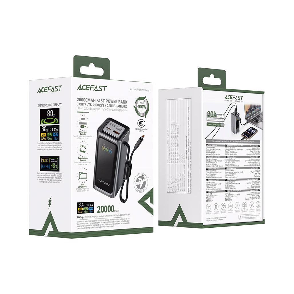 A Photo Of AceFast M33 20000mAh Power Bank PD100W Fast Charging with Built-In USB-C Cable