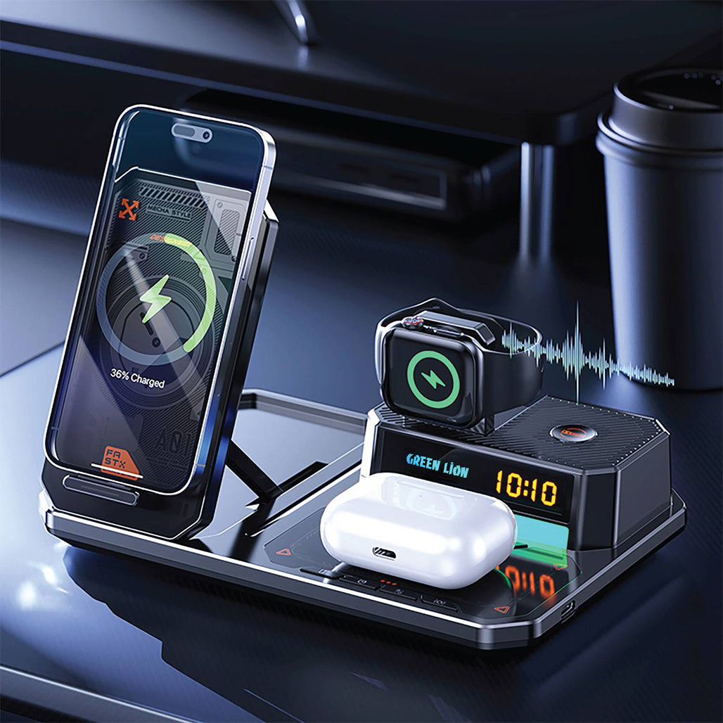A Photo Of Green Lion 6-in-1 Multifunctional Wireless Charger with Bluetooth 5.3, 20W Speaker, and Fast Charging