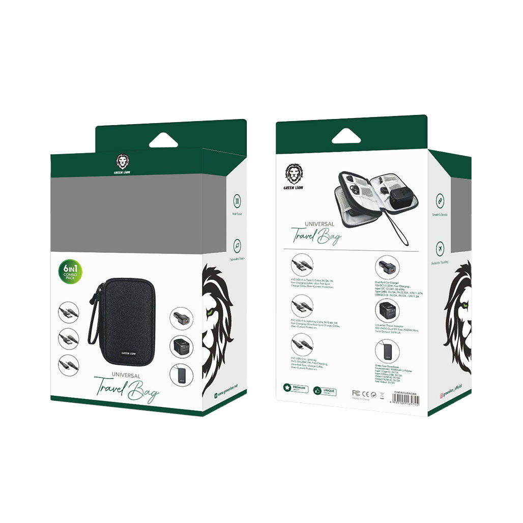 A Photo Of Green Lion 6-in-1 Universal Travel Bag - Black | GN6IN1UBAGBK | All-in-One Charging Solution