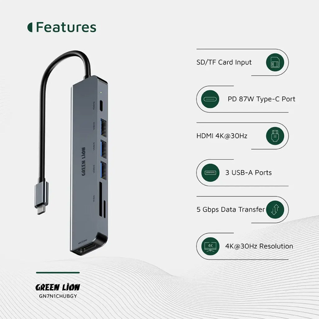A Photo Of Green Lion 7-in-1 USB-C Hub Gray - GN7N1CHUBGY