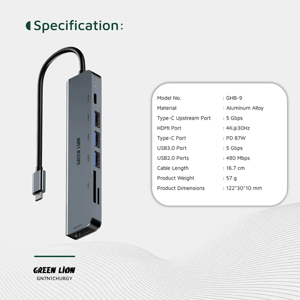 A Photo Of Green Lion 7-in-1 USB-C Hub Gray - GN7N1CHUBGY