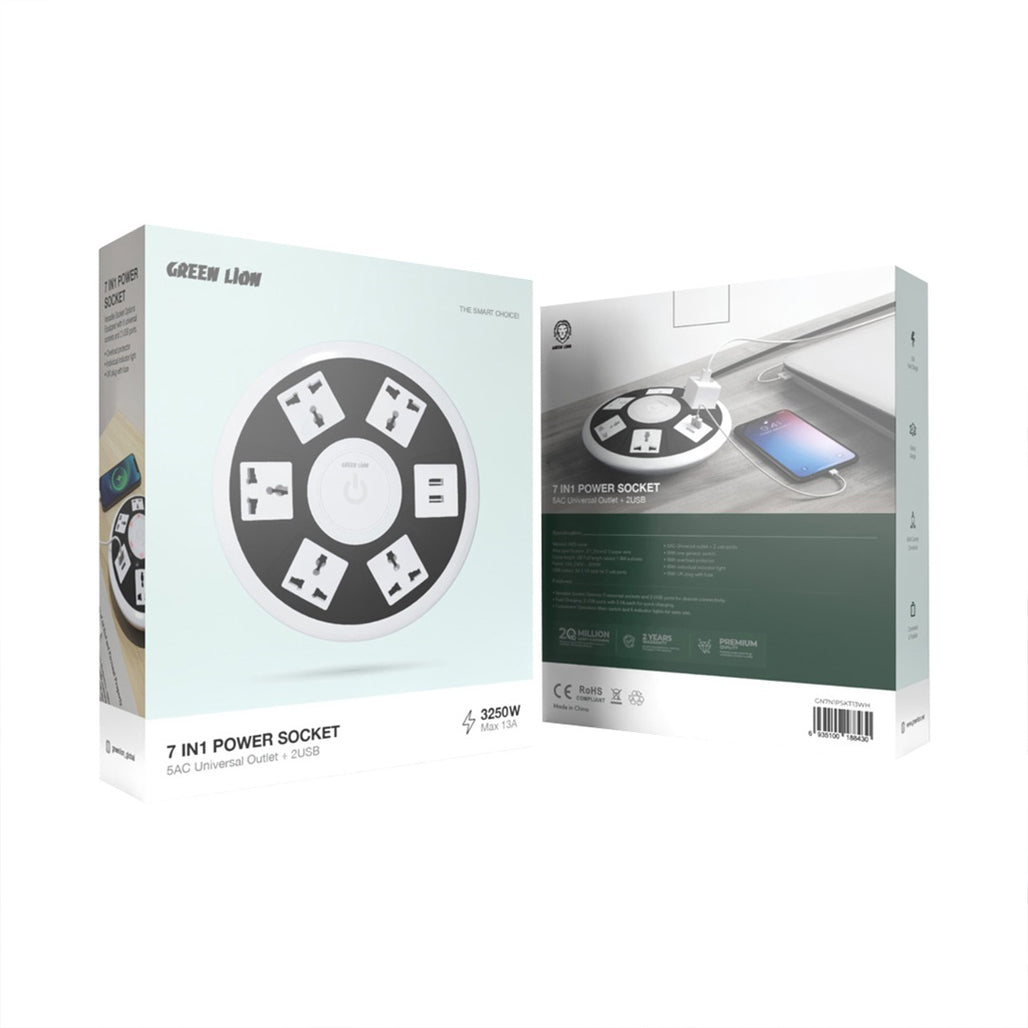 A Photo Of Green Lion 7-in-1 Power Socket with USB & Fast Charging – 2M Cable – White