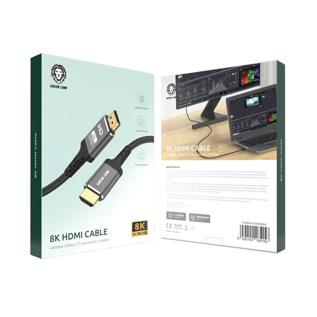 A Photo Of Green Lion 8K HDMI Cable 2M – Ultra HD, HDR, VRR, 7.1 Surround Sound, High-Speed Braided Cable