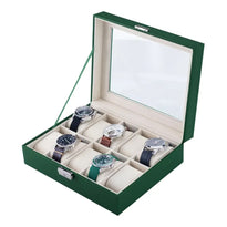Green Lion Classic 10-Slot Watch Box with Glass Top - Green | Elegant and Durable Storage