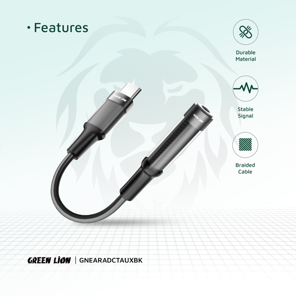 A Photo Of Green Lion Earphone Adapter USB-C to 3.5 Aux 12CM - Black