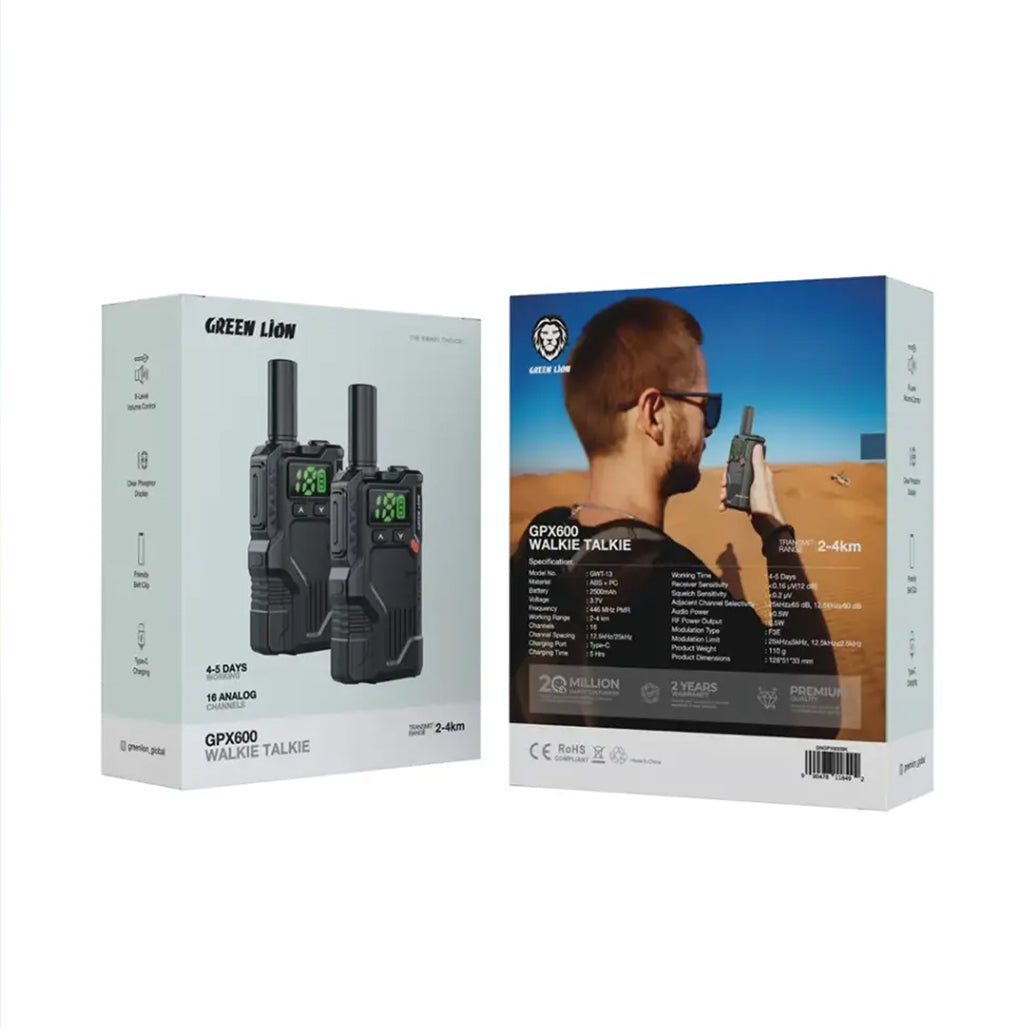 A Photo Of Green Lion GPX600 Long-Range Walkie Talkie – 16-Channel Two-Way Radio, 2500mAh Battery, Type-C Charging – Black