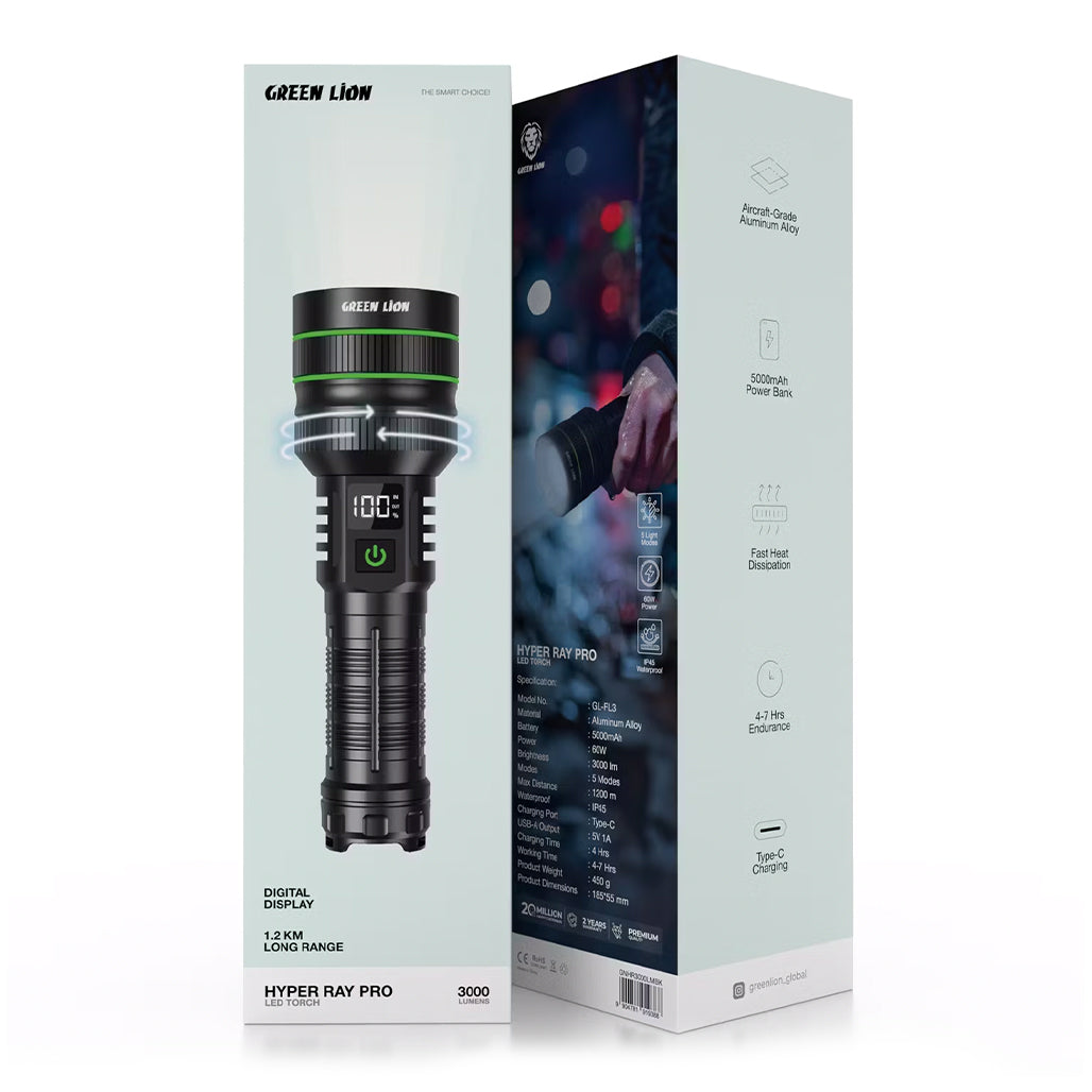 A Photo Of Green Lion Hyper Ray Pro LED Torch with Digital Display