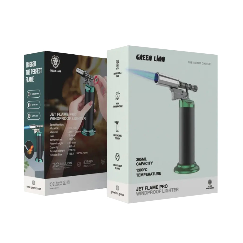 A Photo Of Green Lion Jet Flame Pro Windproof Refillable Lighter – High-Temperature Butane Torch with Adjustable Flame – Black