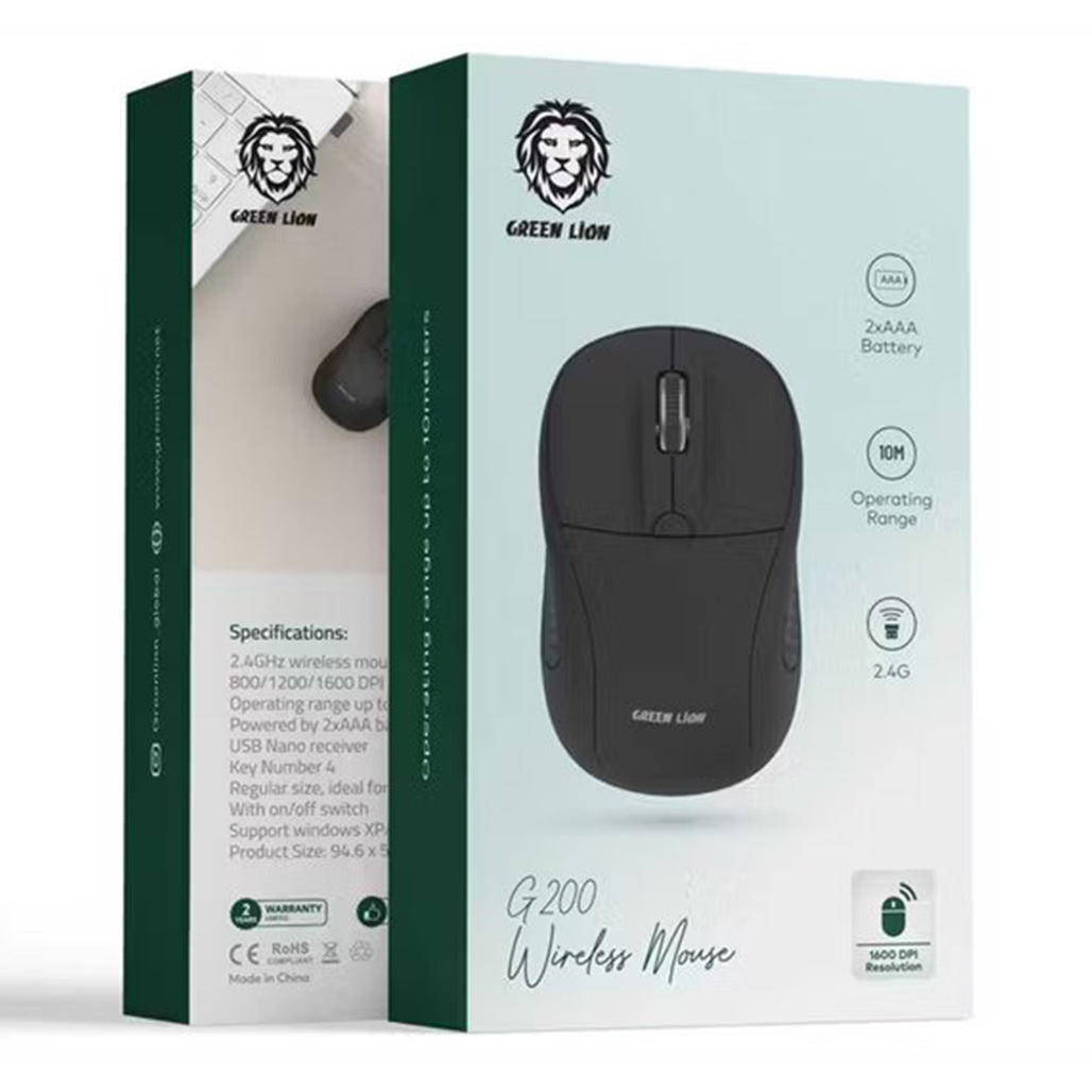 A Photo Of Green Lion G200 Wireless Mouse – Ergonomic Lightweight Mouse with Adjustable DPI (800/1200/1600), 2.4GHz Connection, 10m Range – Black