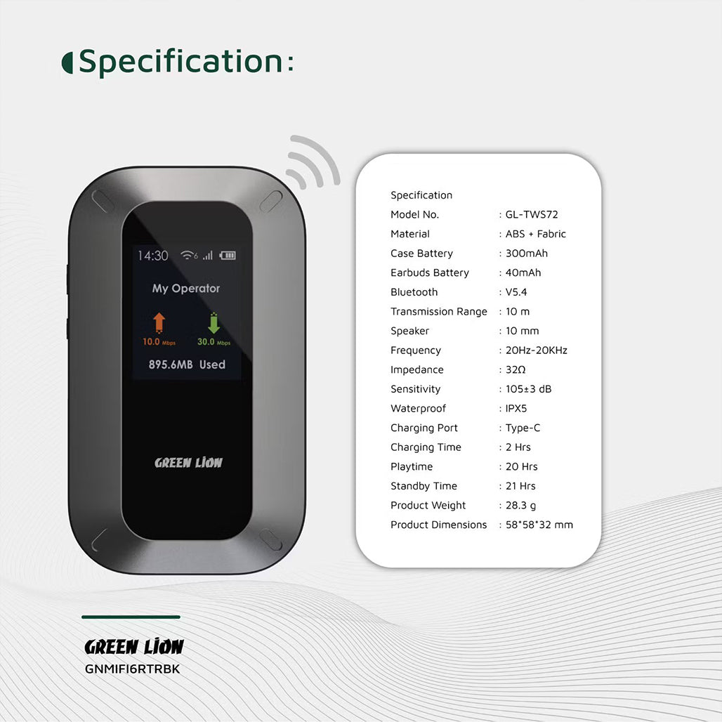 A Photo Of Green Lion WiFi 6 Portable MiFi Router – 4G LTE/3G Nano SIM, USB-C, 3000mAh Battery