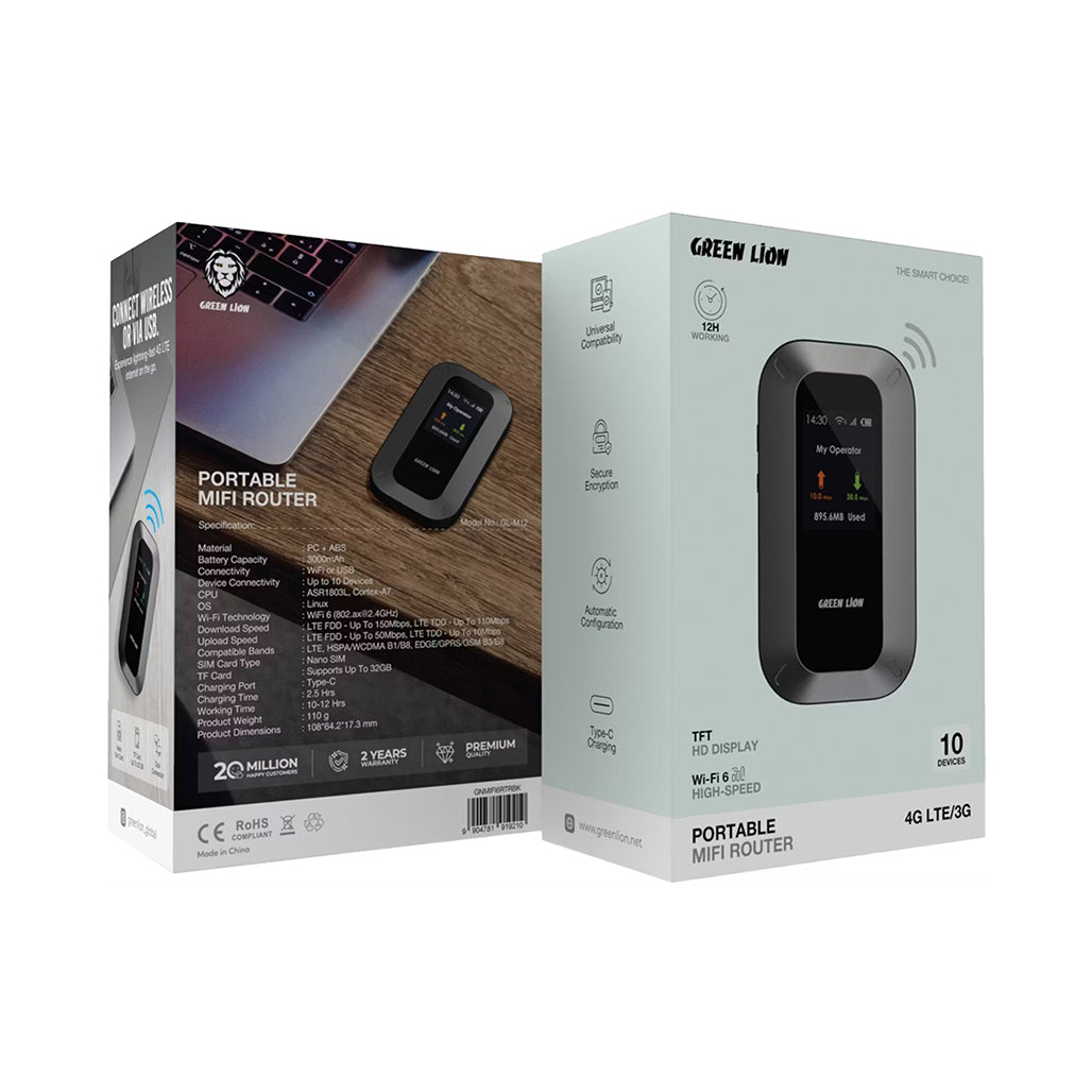 A Photo Of Green Lion WiFi 6 Portable MiFi Router – 4G LTE/3G Nano SIM, USB-C, 3000mAh Battery