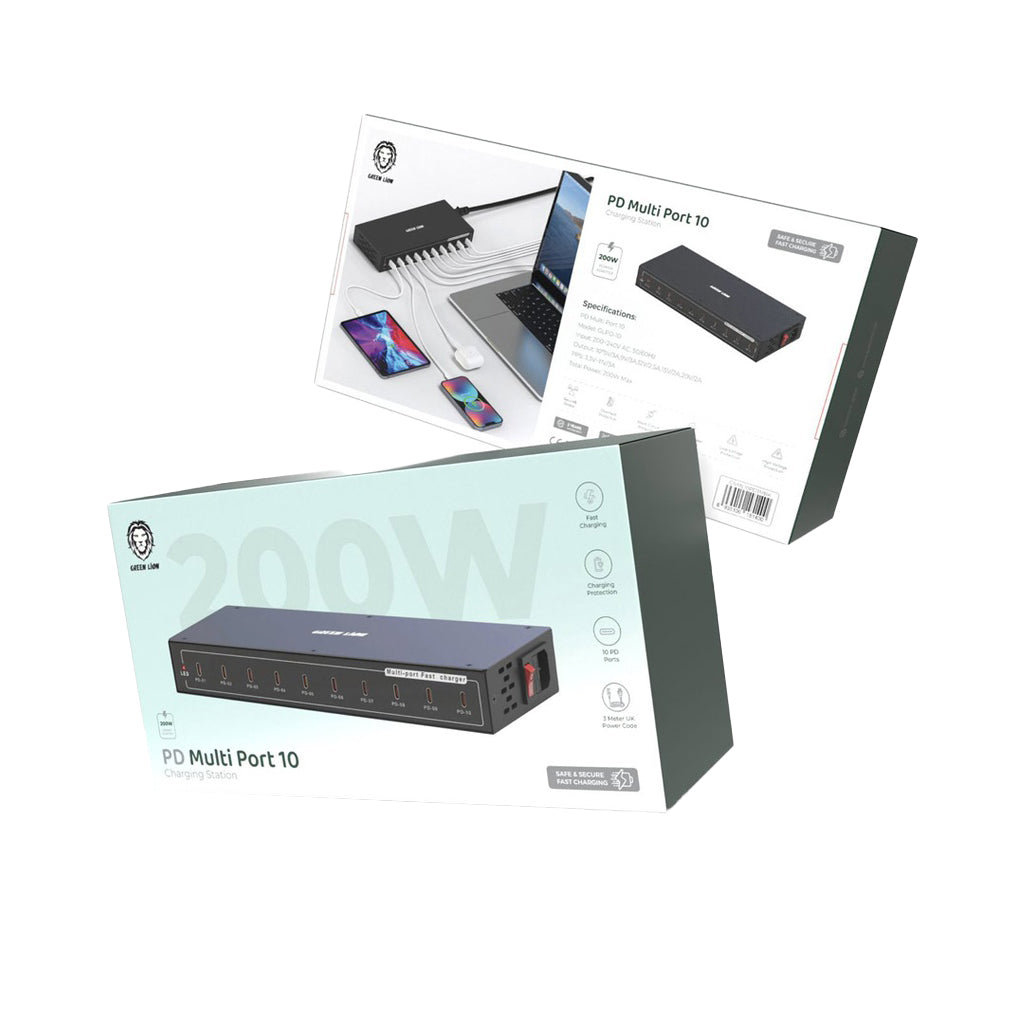 A Photo Of Green Lion PD Multi Ports 10 Charging Station 200W - Black