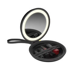 A Photo Of Green Lion Mini Makeup Pouch with LED Mirror, 36 LED Beads, Adjustable Brightness & Built-in Organizer – 800mAh Rechargeable Battery, Black