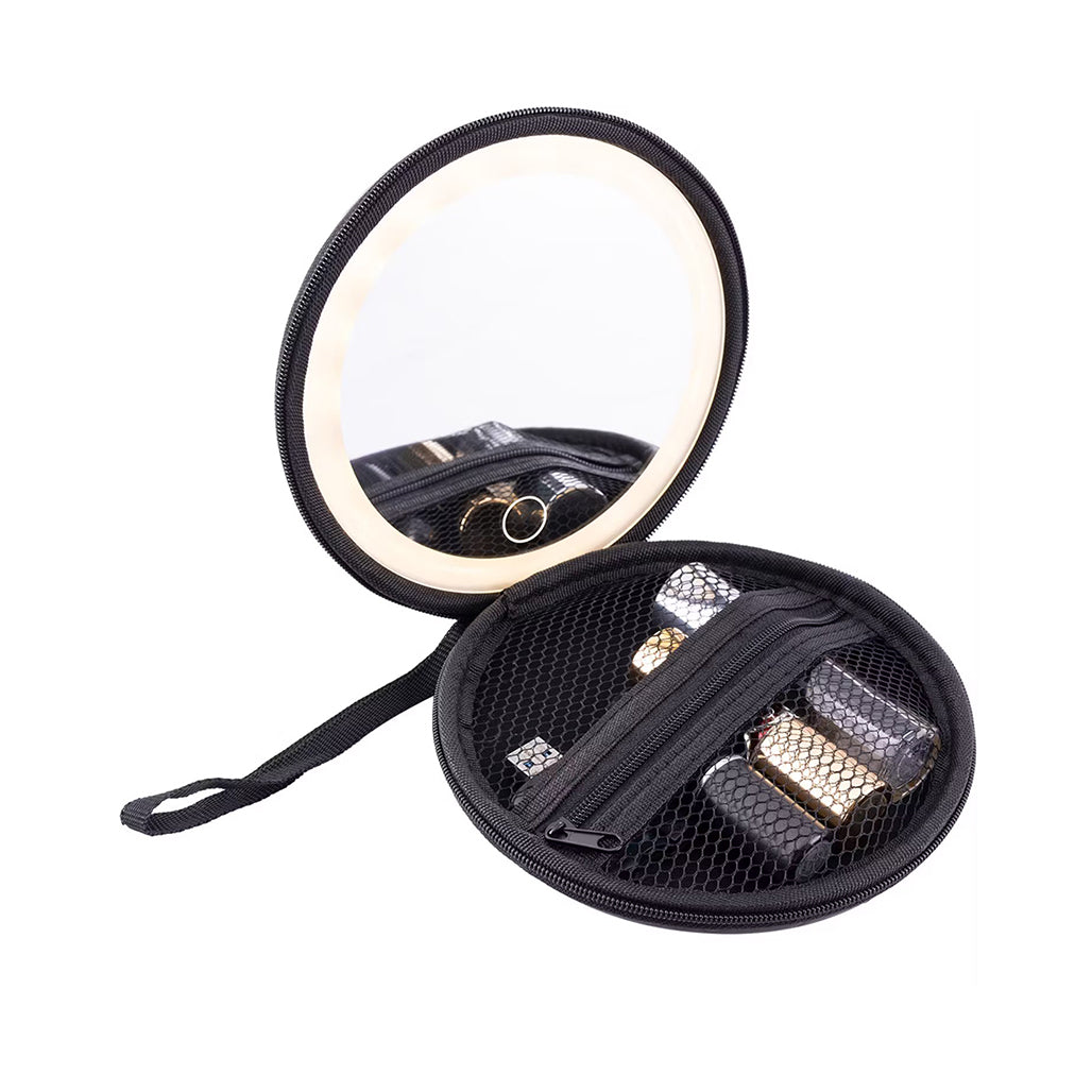 A Photo Of Green Lion Mini Makeup Pouch with LED Mirror, 36 LED Beads, Adjustable Brightness & Built-in Organizer – 800mAh Rechargeable Battery, Black