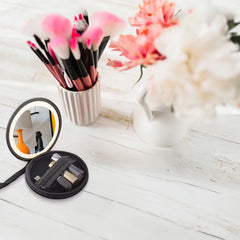 A Photo Of Green Lion Mini Makeup Pouch with LED Mirror, 36 LED Beads, Adjustable Brightness & Built-in Organizer – 800mAh Rechargeable Battery, Black