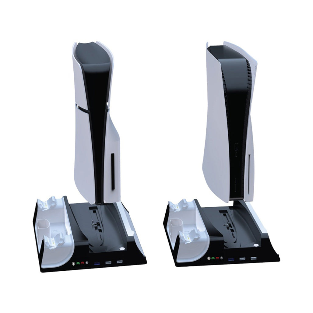 A Photo Of Green Lion PS5 Cooling Stand & Charging Station with Turbo Fan and 14-Disc Storage – White