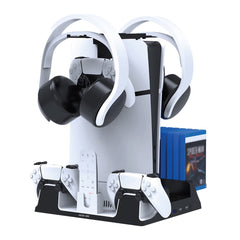 A Photo Of Green Lion PS5 Cooling Stand & Charging Station with Turbo Fan and 14-Disc Storage – White