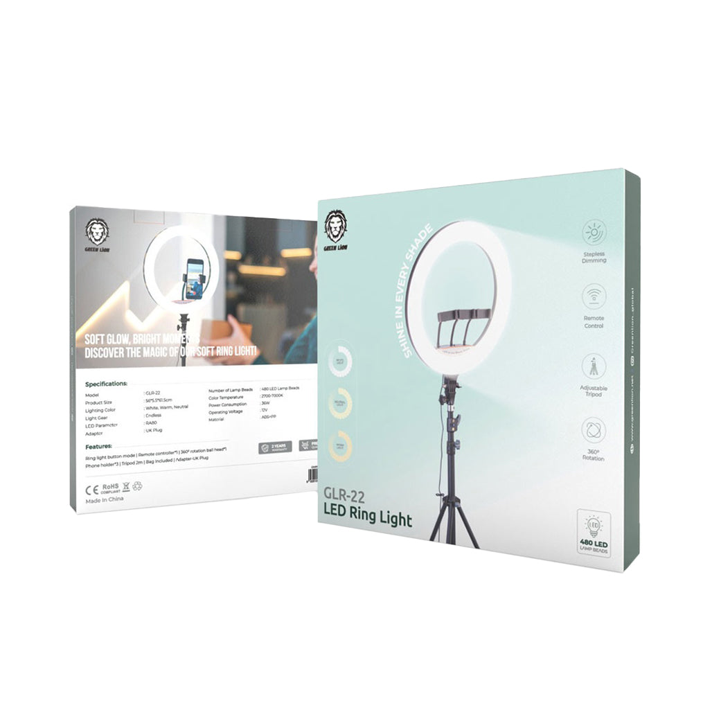 A Photo Of Green Lion 22-Inch 480-LED Ring Light with Tripod, Remote Control & Adjustable Color Temperature