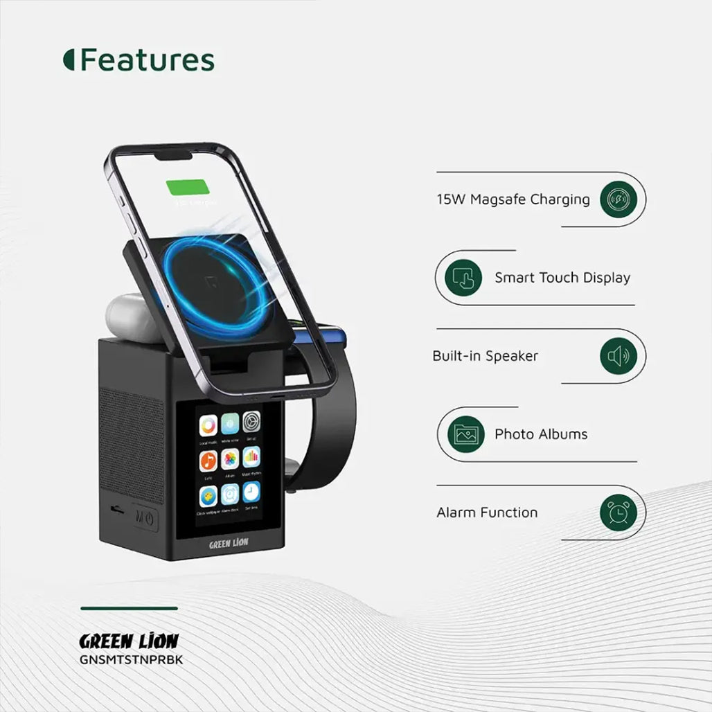 A Photo Of Green Lion Smart Station Pro LCD Display Wireless Charger with Speaker - Black