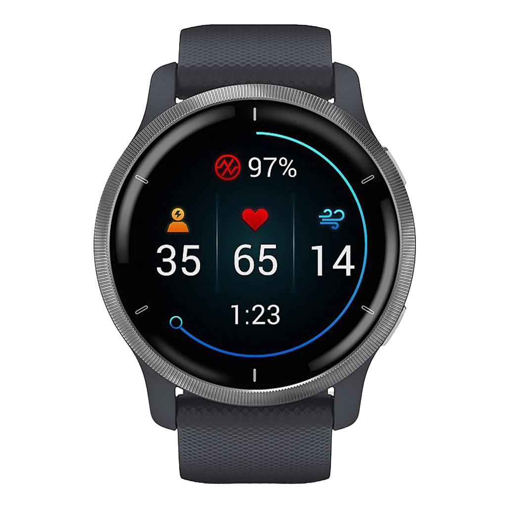 A Photo Of Garmin Venu 2 - Silver Stainless Steel Bezel with Granite Blue Case and Silicone Band | 010-02430-00