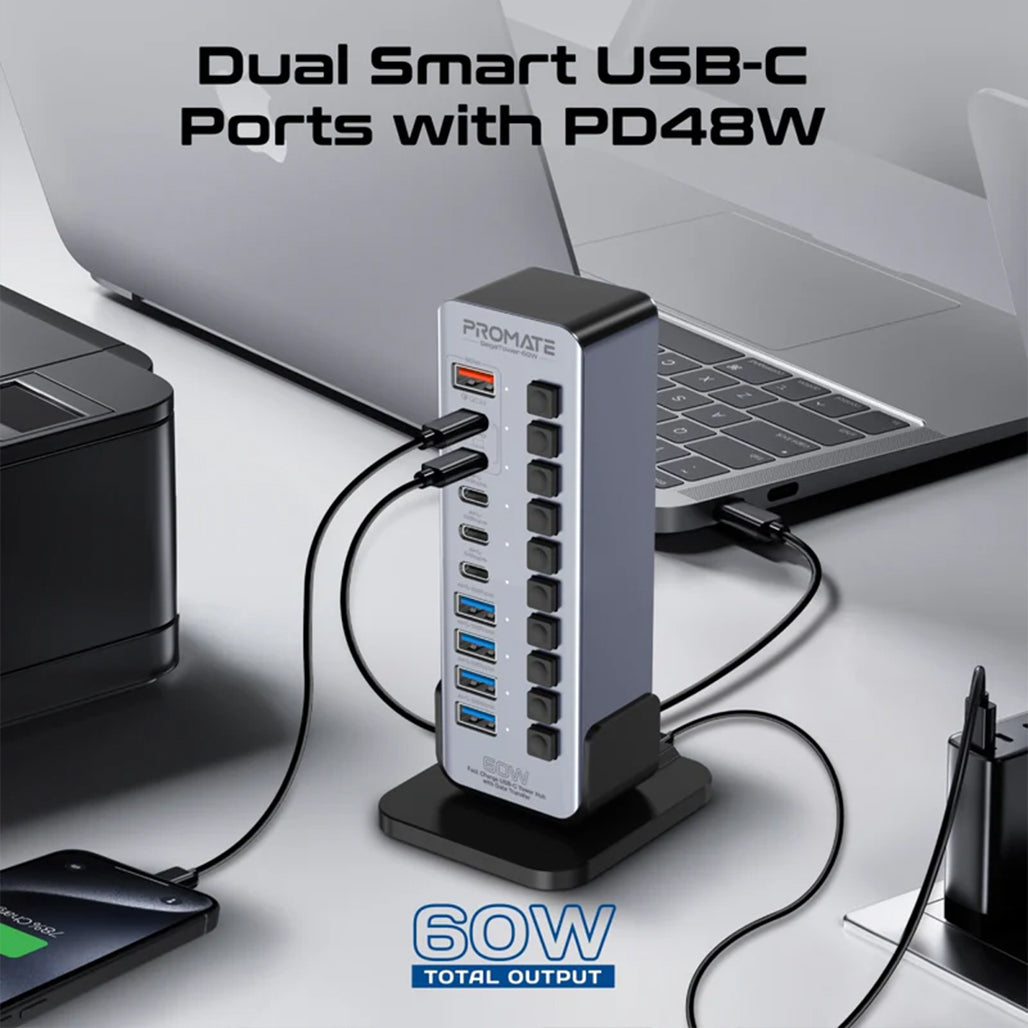 A Photo Of Promate GegaTower-60W | Fast Charging Multi-Port USB-C Hub with 5Gbps Data Transfer