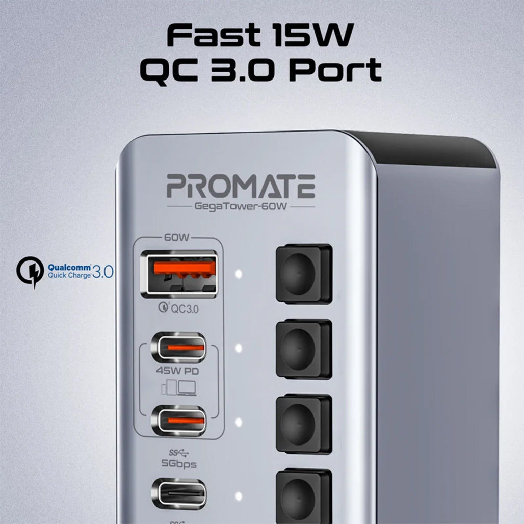 A Photo Of Promate GegaTower-60W | Fast Charging Multi-Port USB-C Hub with 5Gbps Data Transfer