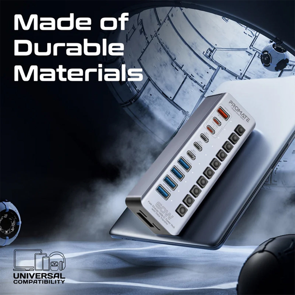 A Photo Of Promate GegaTower-60W | Fast Charging Multi-Port USB-C Hub with 5Gbps Data Transfer