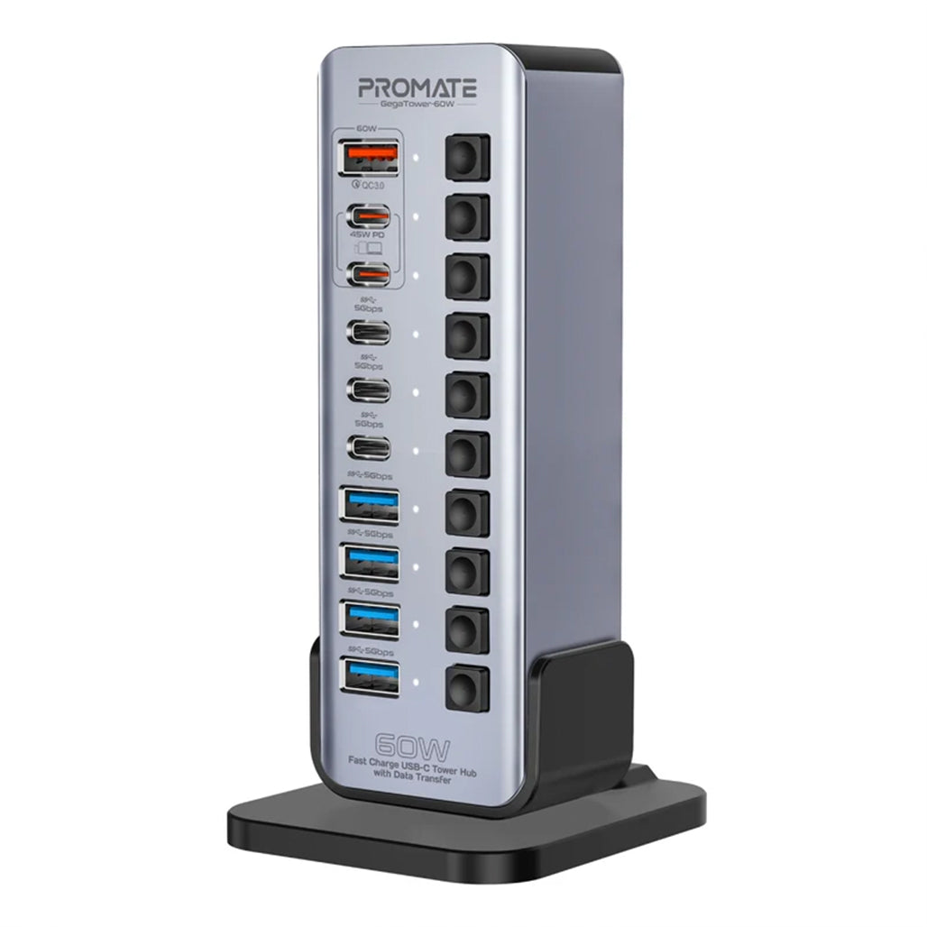 A Photo Of Promate GegaTower-60W | Fast Charging Multi-Port USB-C Hub with 5Gbps Data Transfer