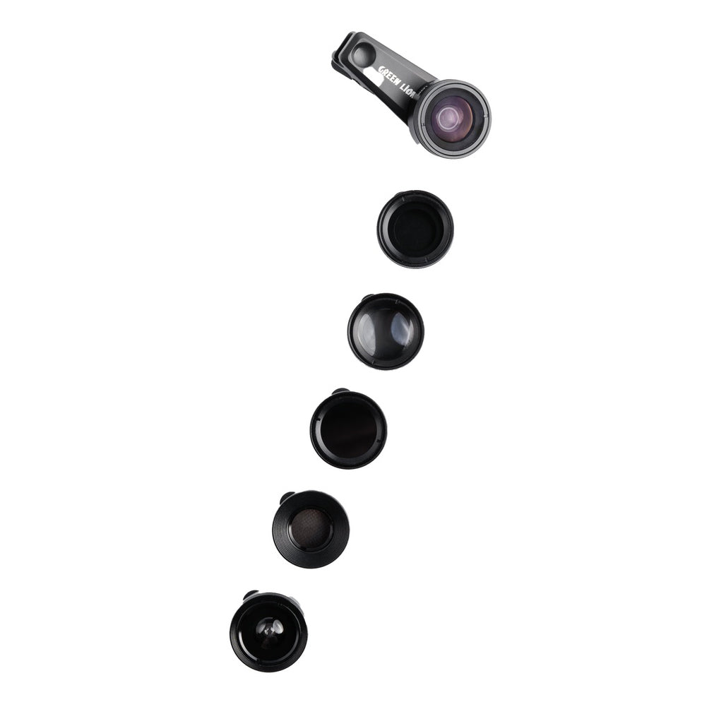 A Photo Of Green Lion 6 in 1 Professional Lens Kit, 25x Macro, 250 Degrees Fisheye - Black | GN6N1PROLKTBK