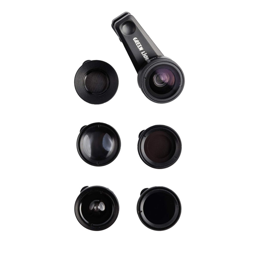 A Photo Of Green Lion 6 in 1 Professional Lens Kit, 25x Macro, 250 Degrees Fisheye - Black | GN6N1PROLKTBK