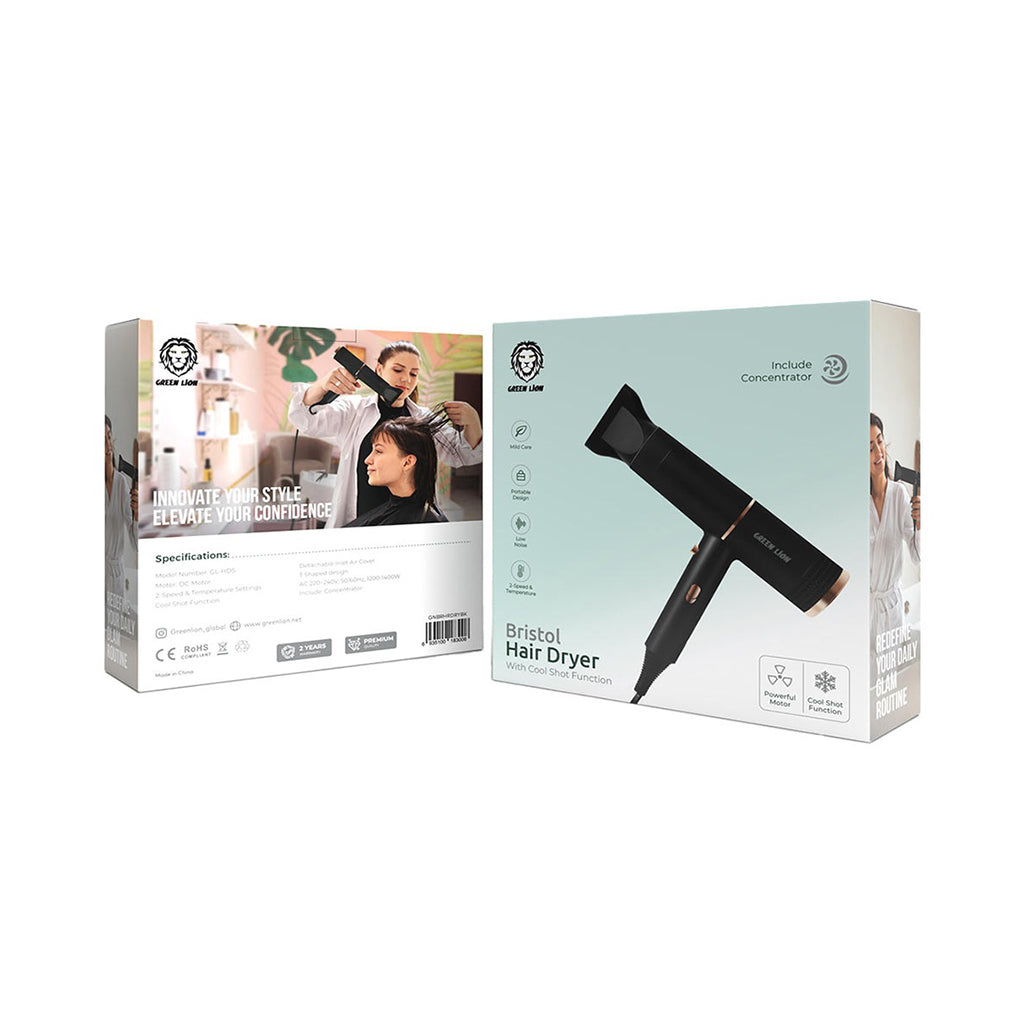 A Photo Of Green Lion Bristol Hair Dryer with Cool Shot & Concentrator – Black, 1400W, Travel-Friendly