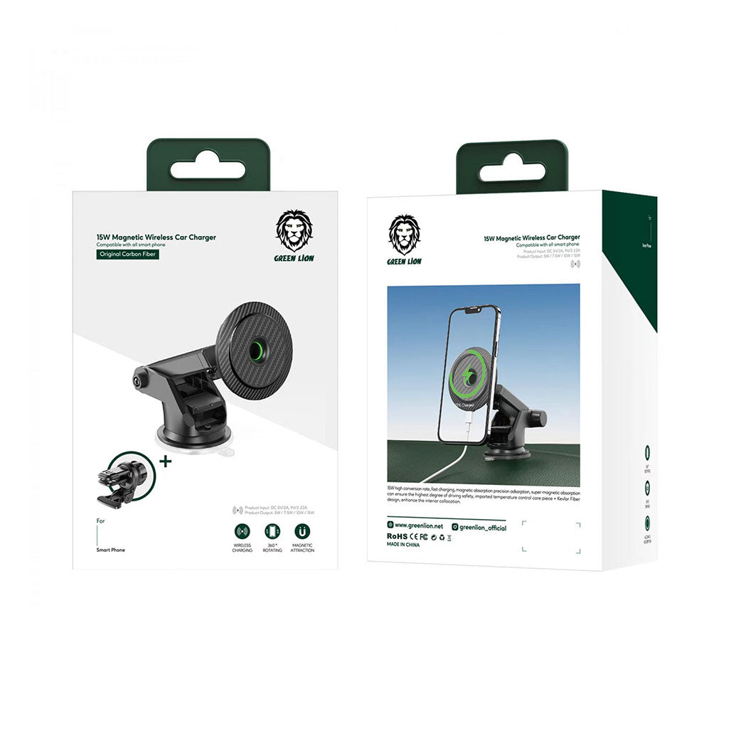 A Photo Of Green Lion Carbon Fiber Magnetic Wireless Car Charger 15W