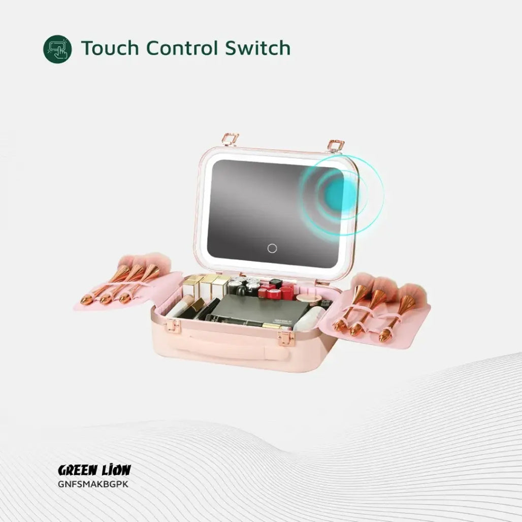 A Photo Of Green Lion Fest Makeup Bag – Portable LED Cosmetic Storage with Touch Control