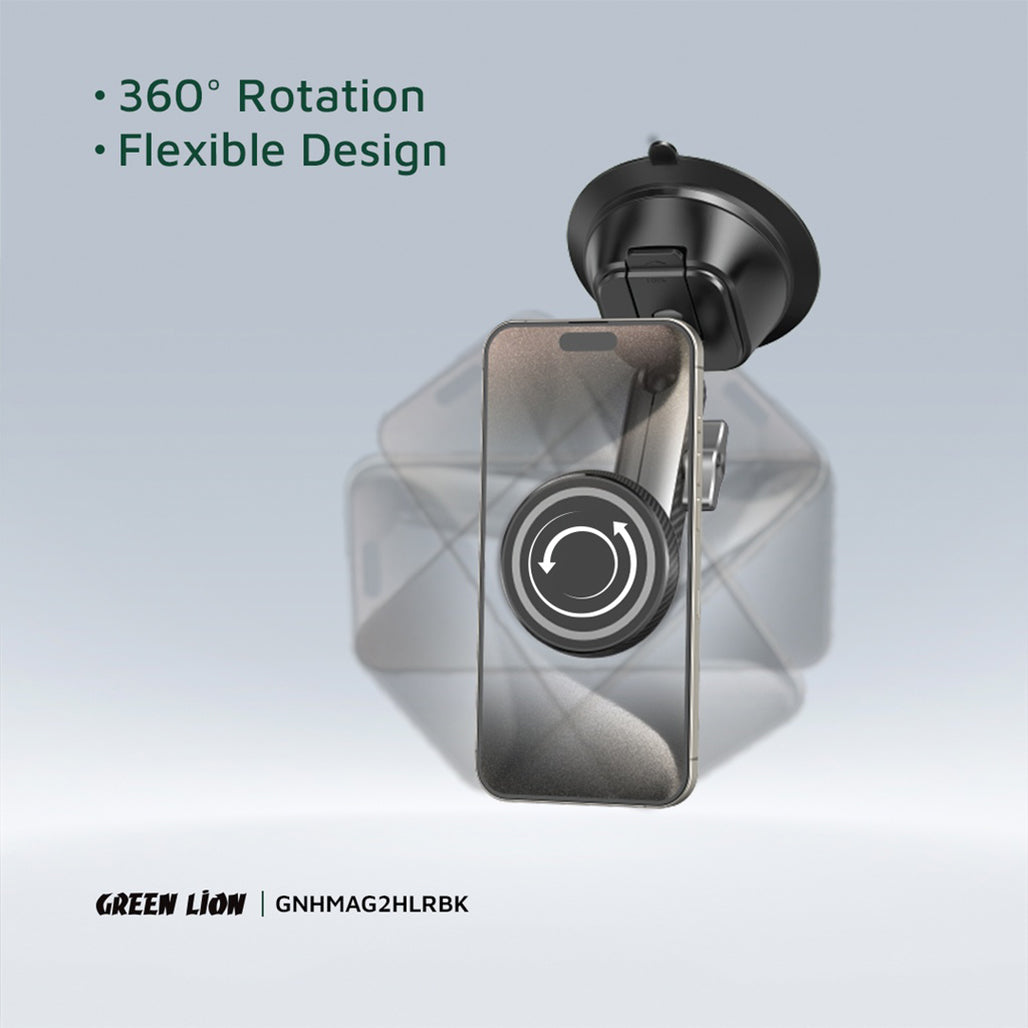 A Photo Of Green Lion Halo MagSafe 2 Car Holder – 17 Strong Magnets, 360° Rotation, Secure Mount for Dashboard & Windshield