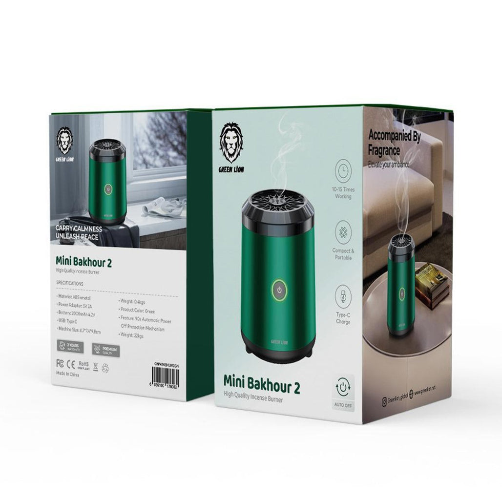 A Photo Of Green Lion Mini Bakhour 2 Incense Burner – Compact, Portable, 2000mAh Battery