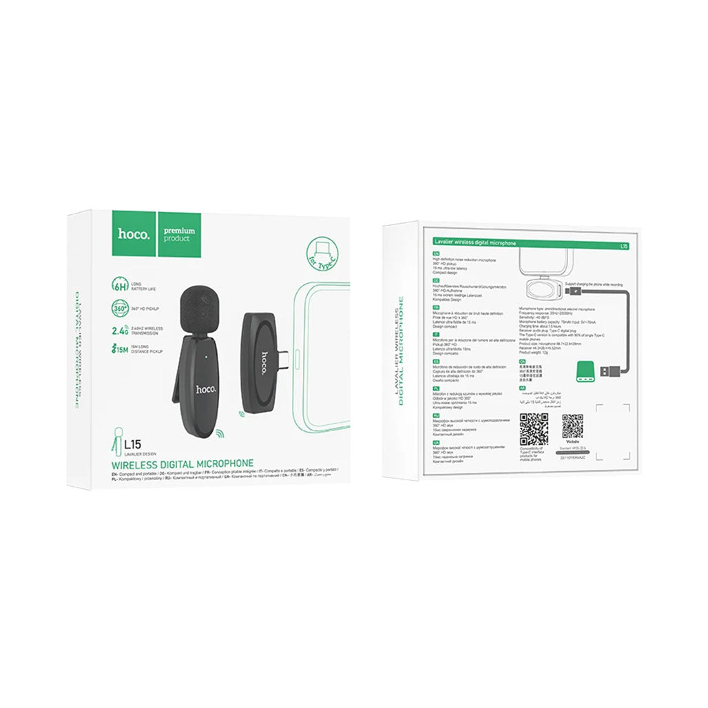 A Photo Of Hoco L15 Wireless Lavalier Microphone – For Type-C and iPhone Devices