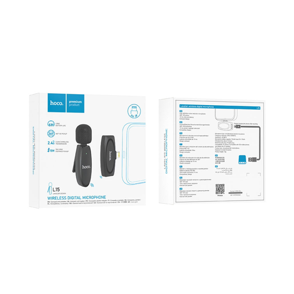 A Photo Of Hoco L15 Wireless Lavalier Microphone – For Type-C and iPhone Devices